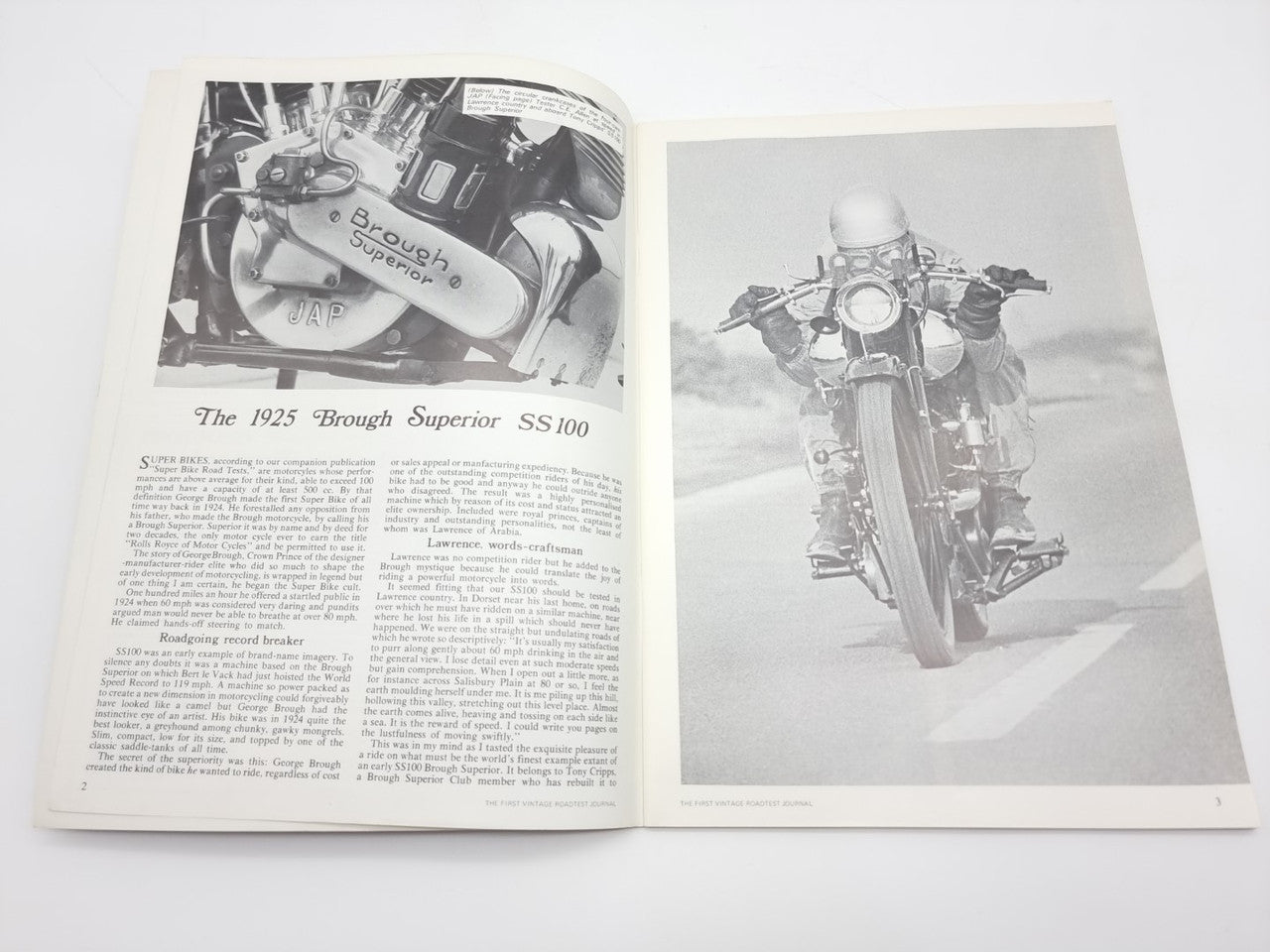 Vintage road test journal open to 1925 Brough Superior article and motorcycle photo