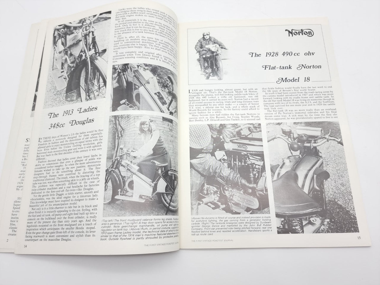 Vintage road test journal open spread with motorcycle stories and model captions