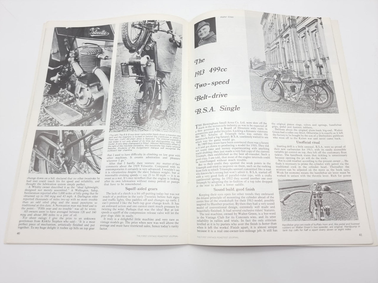 Vintage road test journal open spread with multiple motorcycle photos and captions