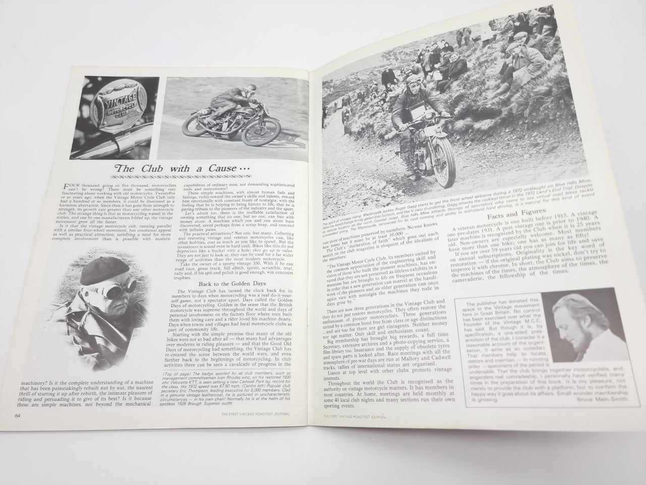Vintage road test journal open spread with club article and motorcycle images