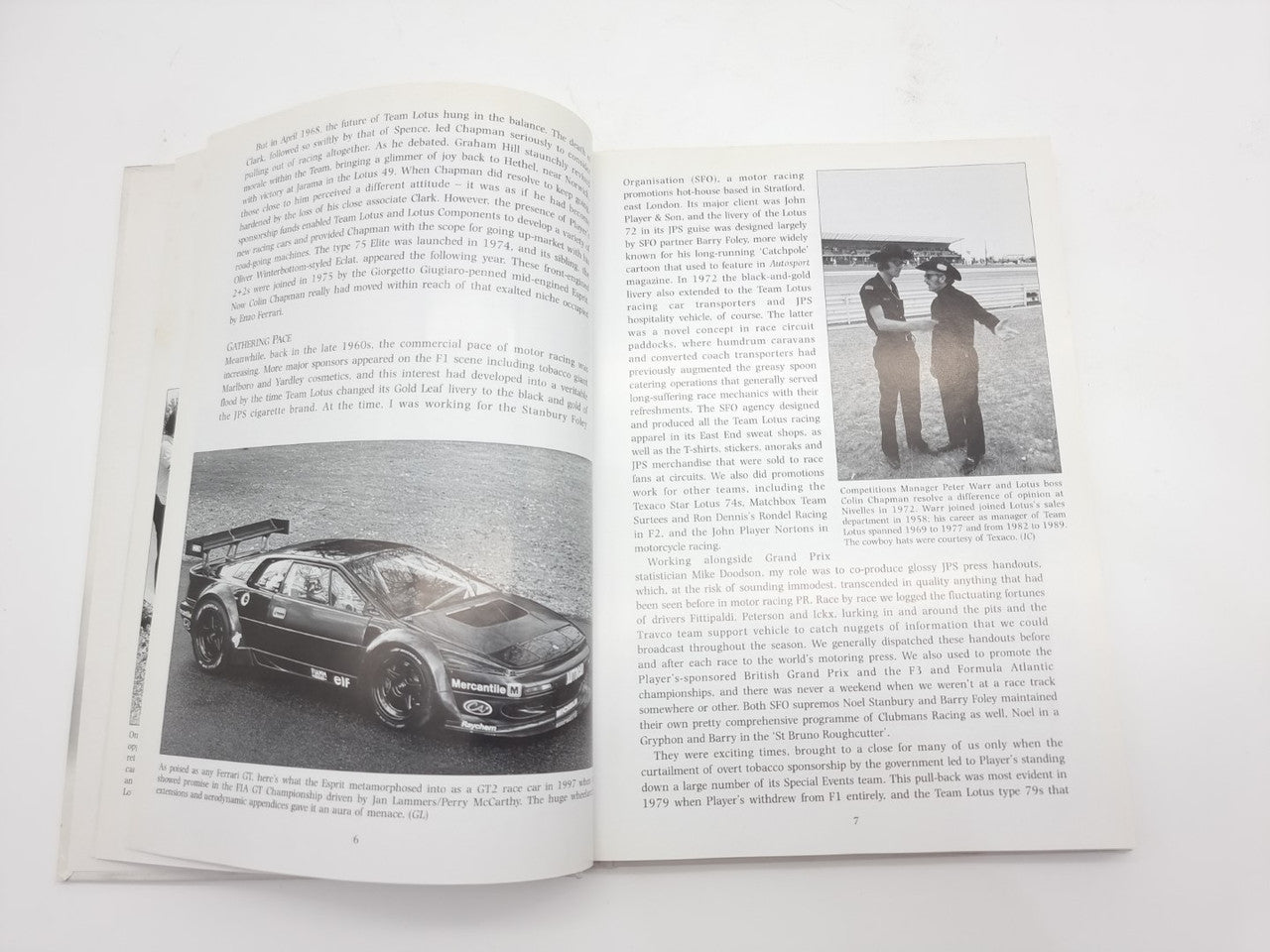Open auto racing history book with a race car photo on left and text block on right