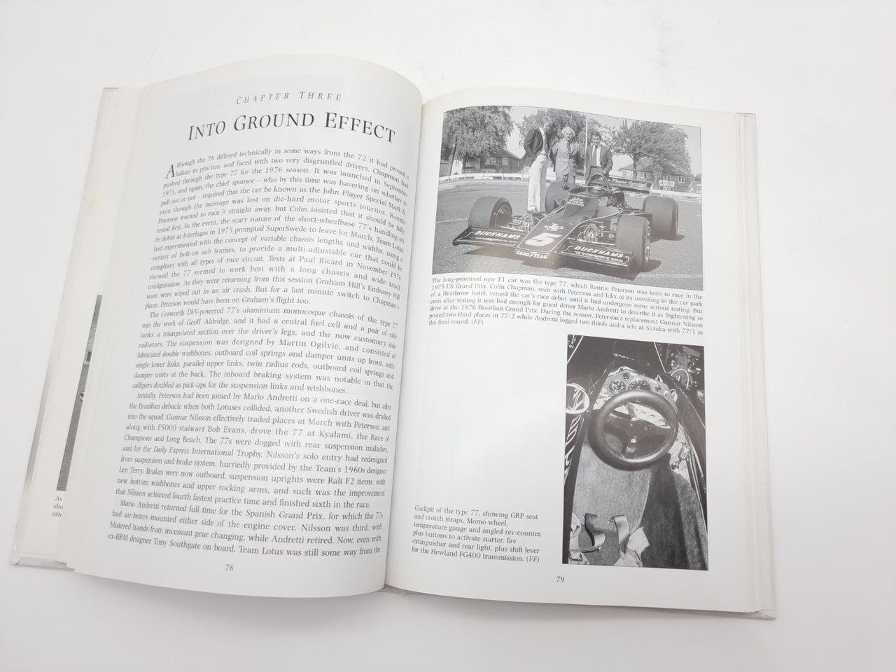 Open auto racing history book page with 'Into Ground Effect' heading and photo panels