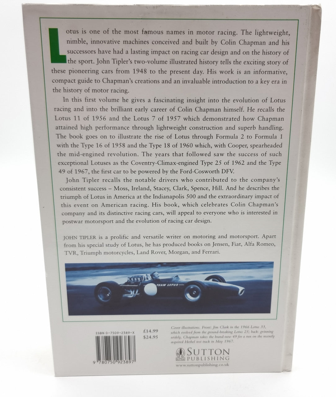 Hardcover racing cars book back cover with barcode, text, and small race car photo