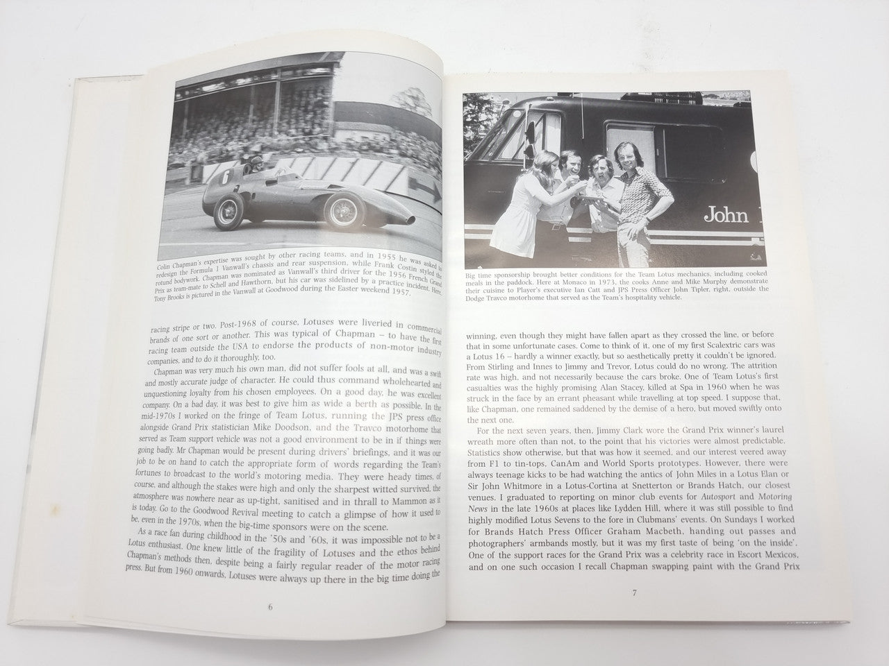 Open book spread with race car photo and two people standing near a car