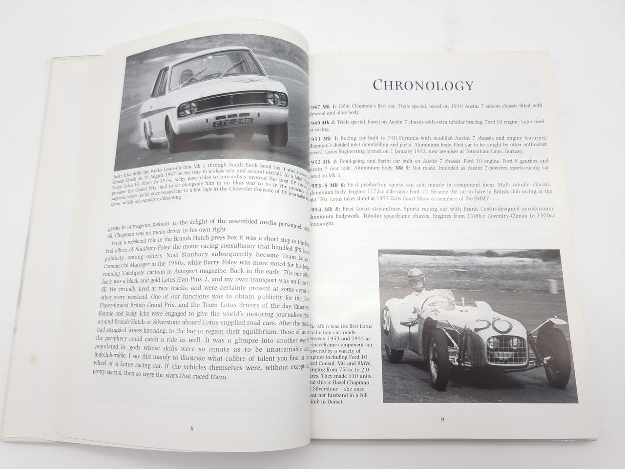 Open book spread with CHRONOLOGY heading and vintage race car photos