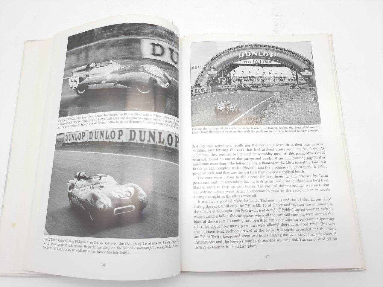 Open book spread with black-and-white race car photos and DUNLOP branding