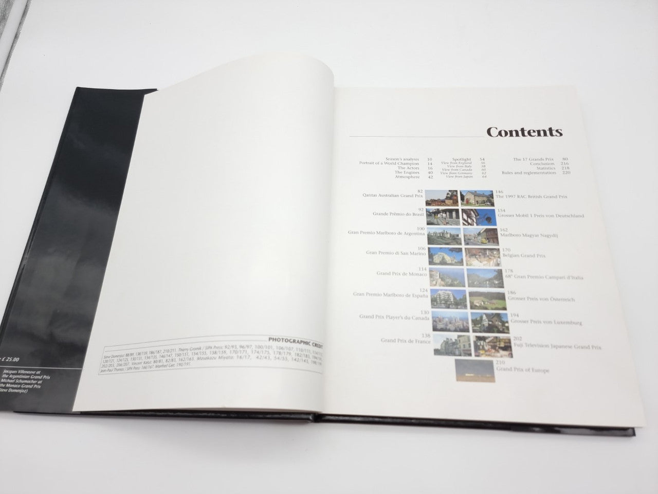 Formula 1 yearbook open to contents page with text and small color photos