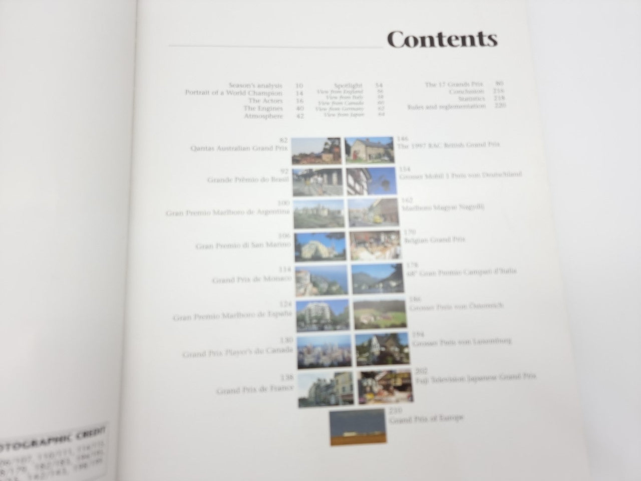 Formula 1 yearbook contents page with section headings and thumbnail photos