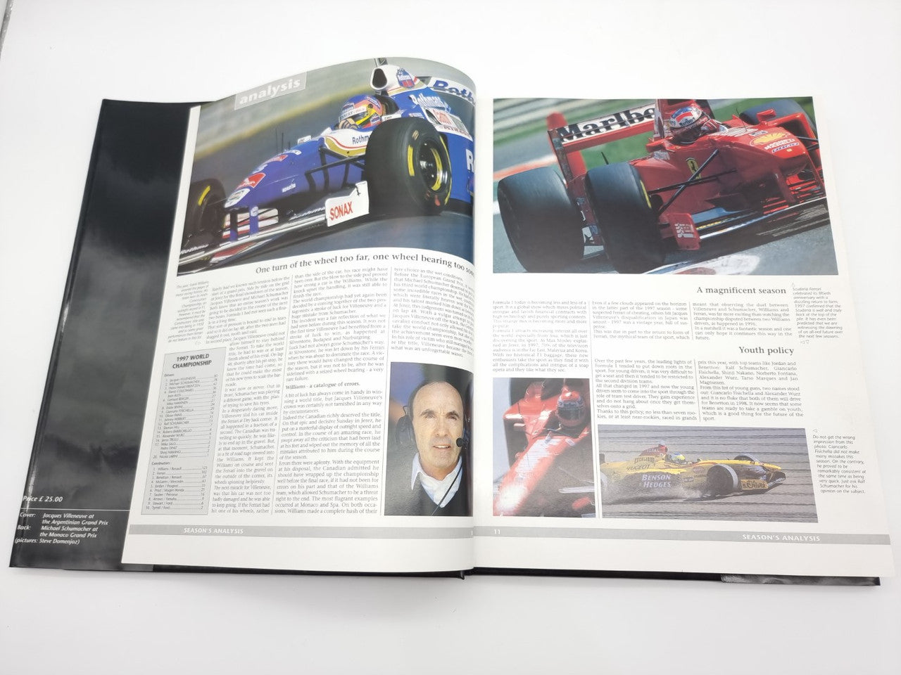 Formula 1 yearbook open spread with car action photos and long article text