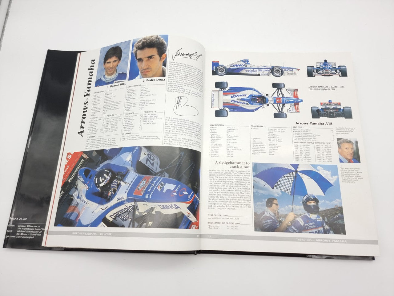Formula 1 yearbook open spread with driver portraits and car diagrams