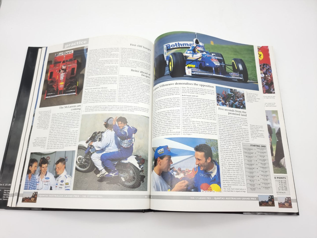 Formula 1 yearbook open spread with technical article text and team photos