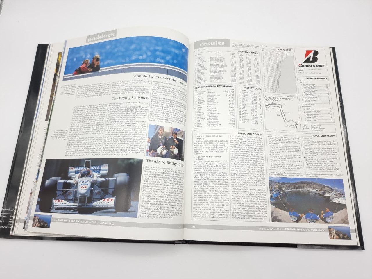 Formula 1 yearbook open spread with photo stories and reference table lists