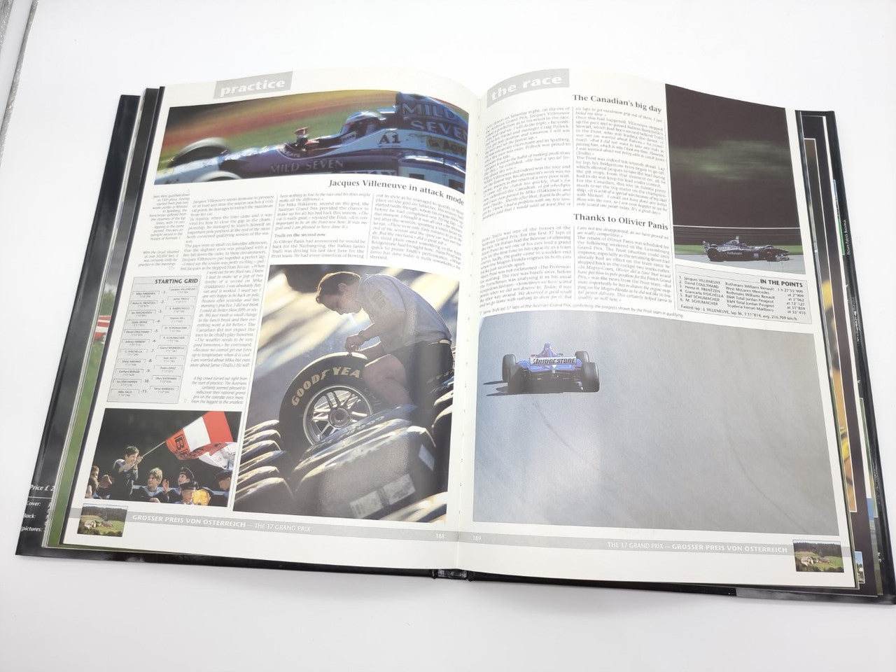 Open motorsport yearbook spread with driver portrait and track photos.