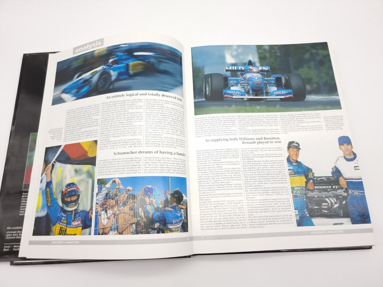 Formula 1 yearbook open spread with driver portraits and race-action photos