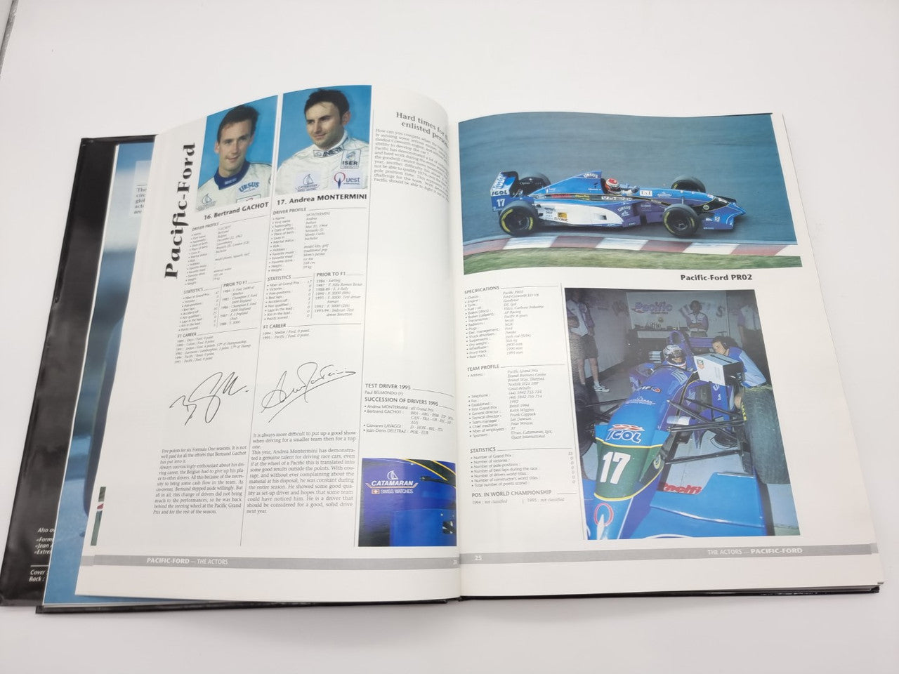 Formula 1 Yearbook 1995 open spread with driver stats and race team photos