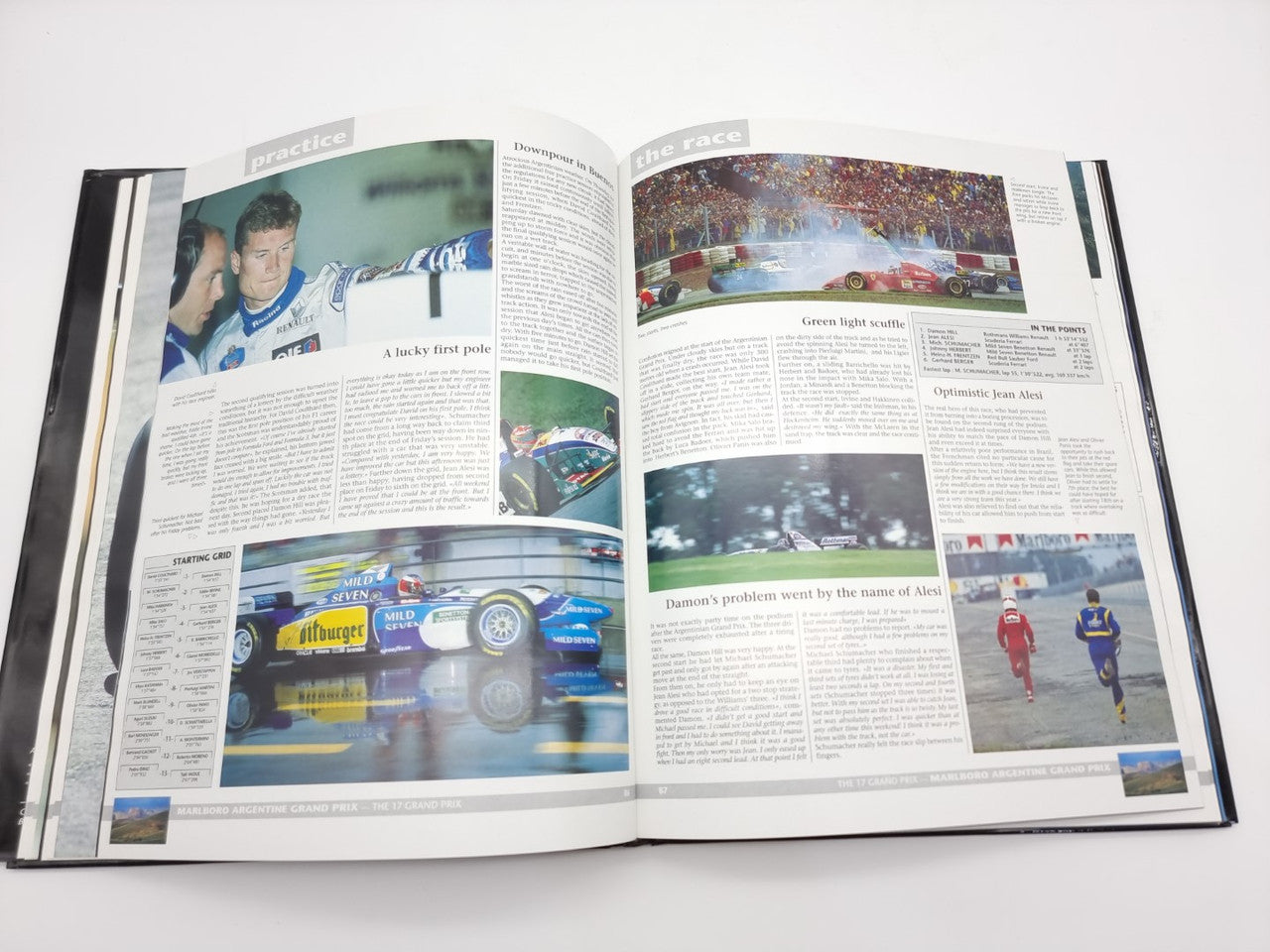 Formula 1 yearbook open spread with circuit photos, cars, and blocks of text