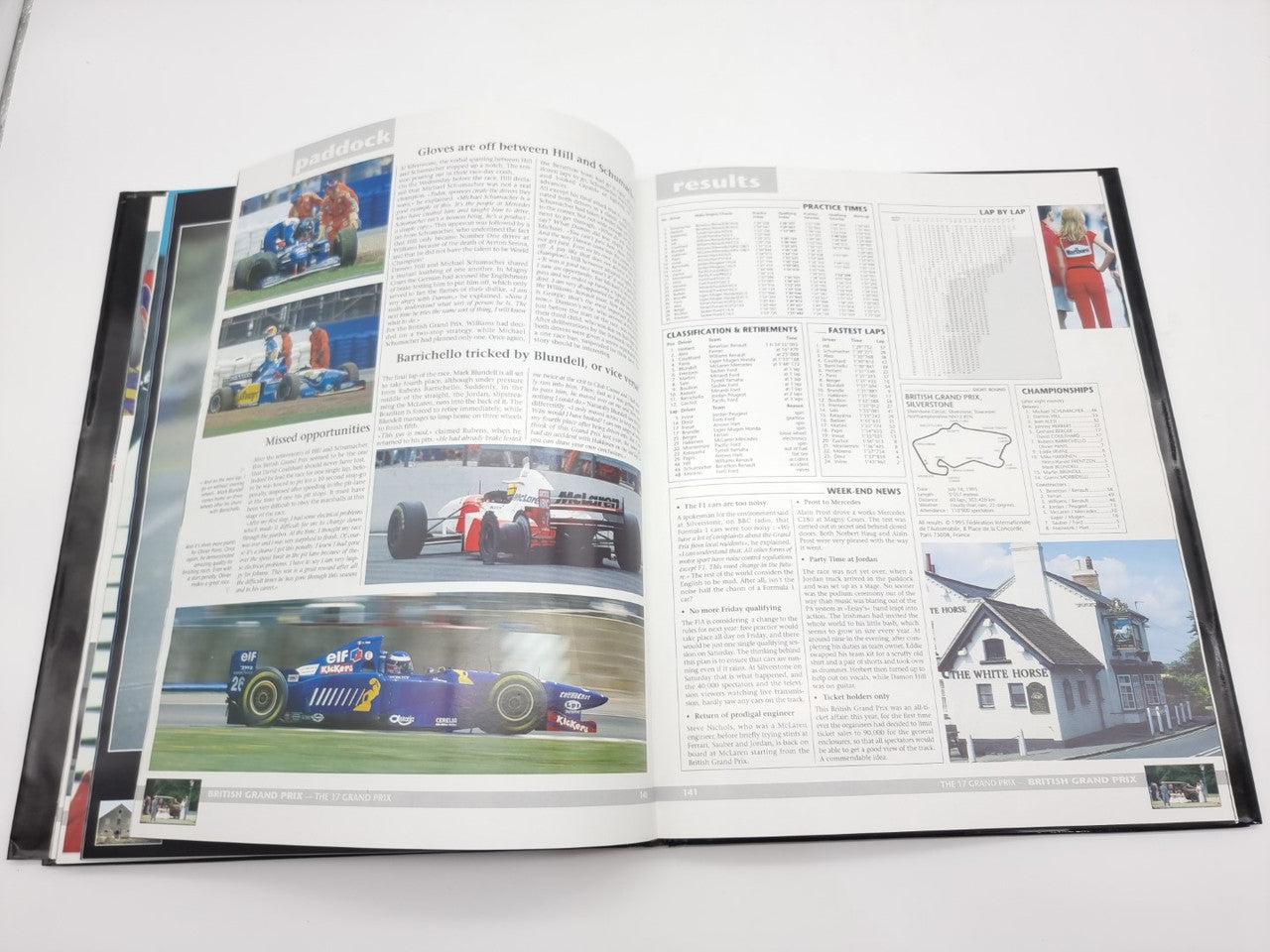 Formula 1 Yearbook 1995 open spread with feature photos and article text