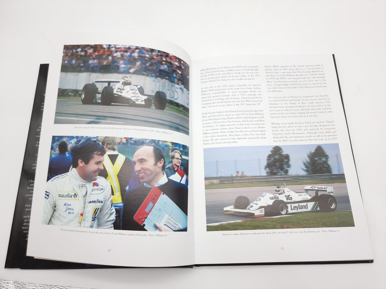 Open photo book spread with race track image and two portrait photos on left page