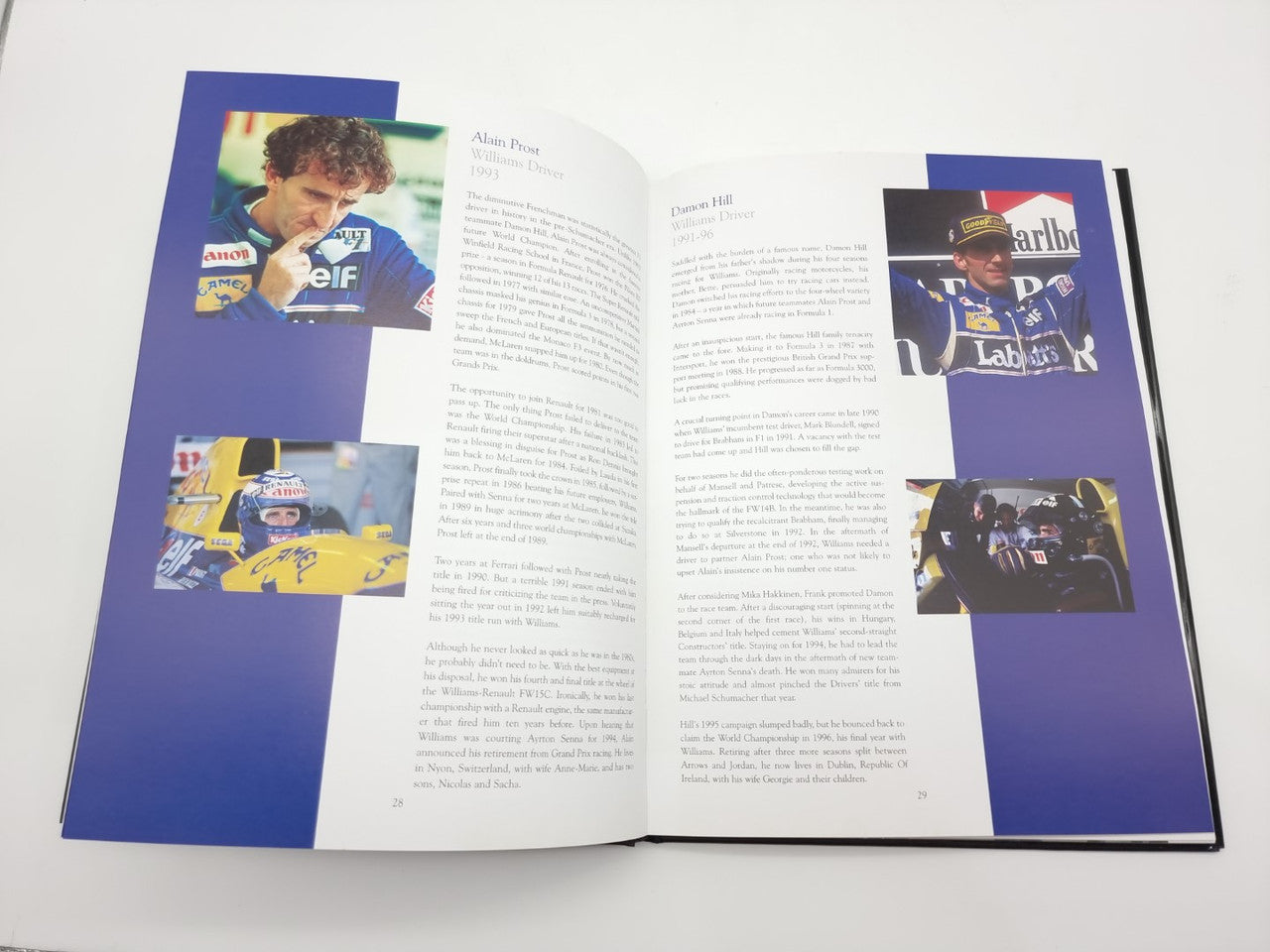 Open photo book spread with color headshot and racing team photos on purple side panels
