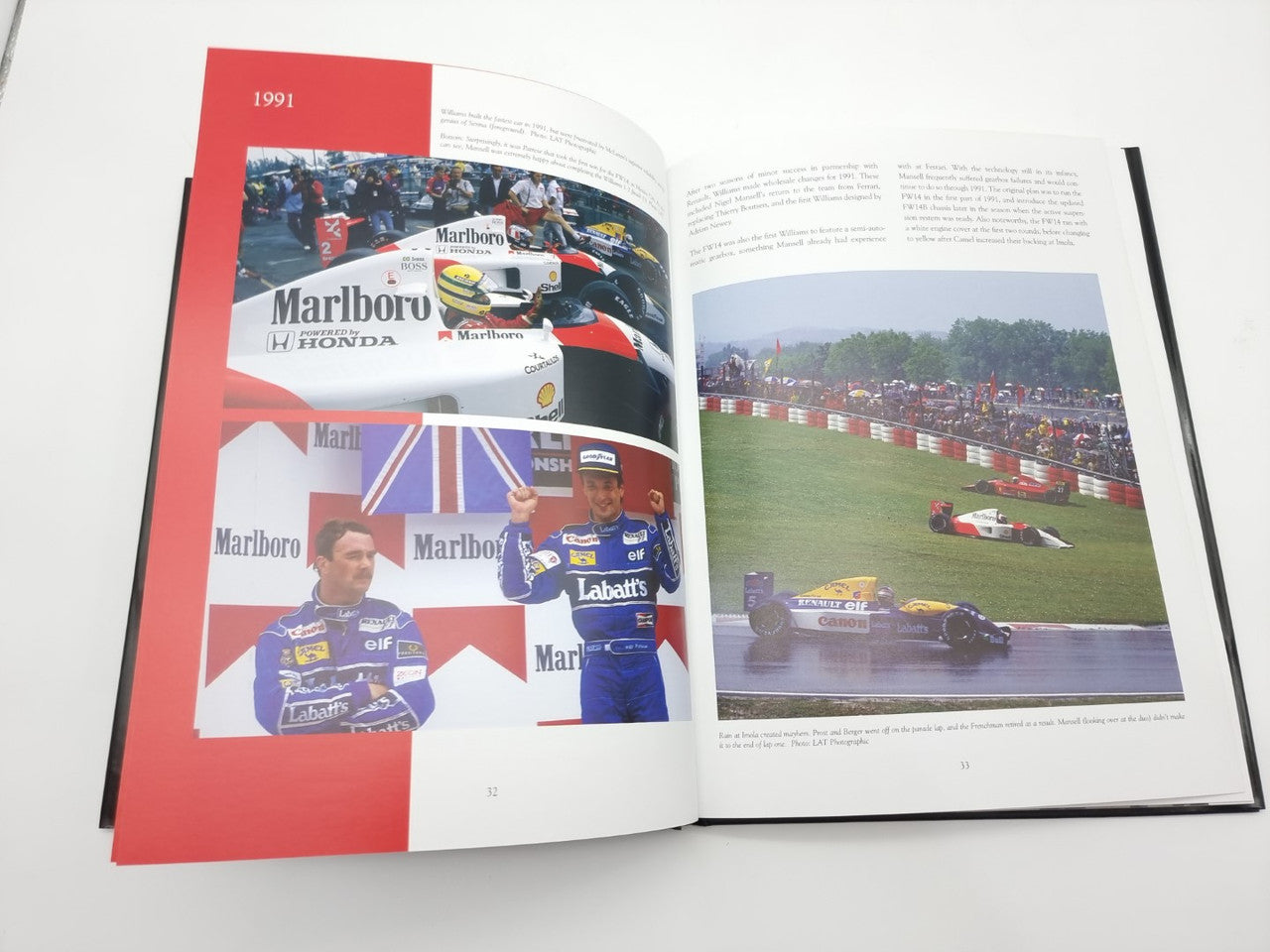 Open motorsport book spread with 1991 section and driver photos