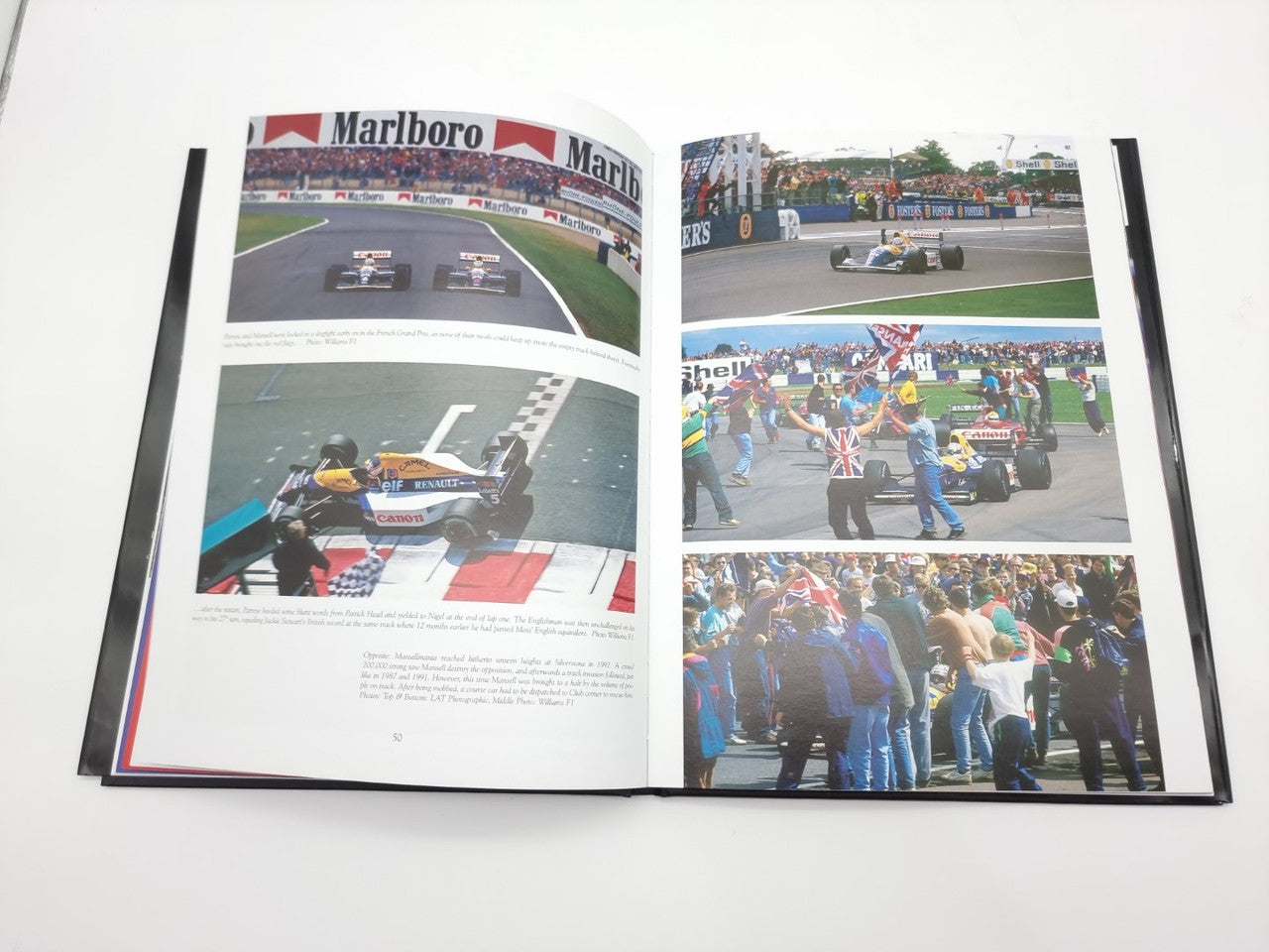Open photo book spread with circuit race photos and large crowd image on the right