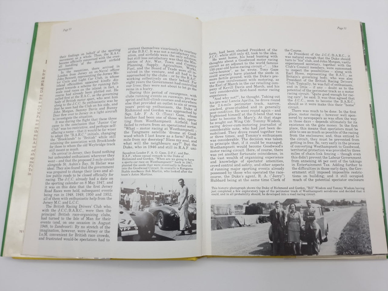 Hardcover book opened to two pages of text with small black-and-white action photos