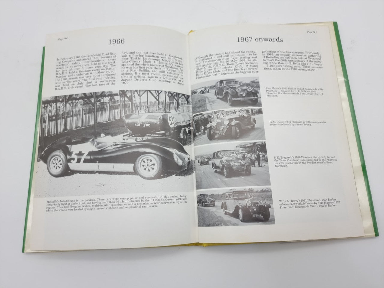 Open hardcover racing history book with black-and-white race photos and date headings.
