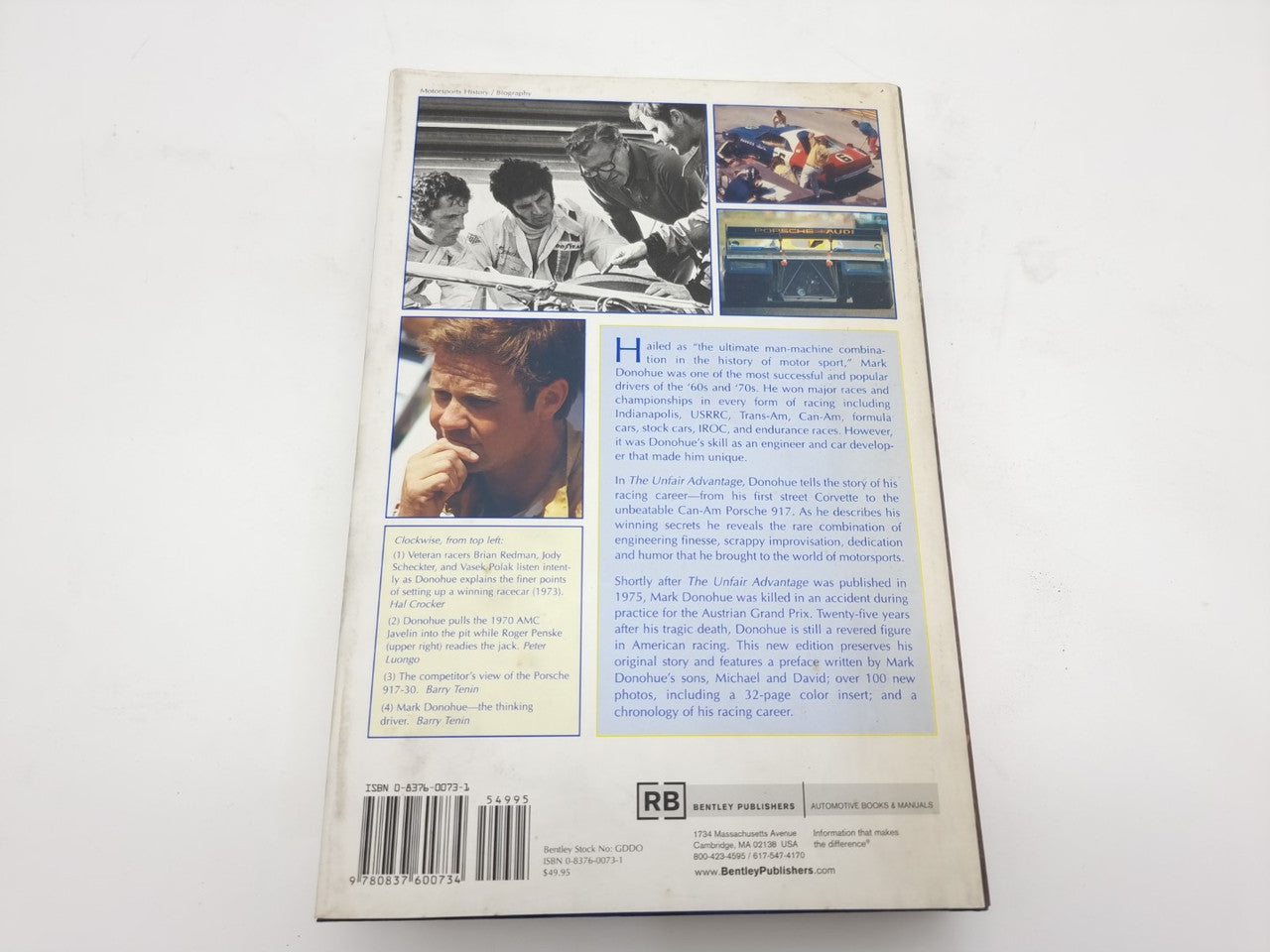 Hardcover book back cover with photo collage, blue text panel, and barcode