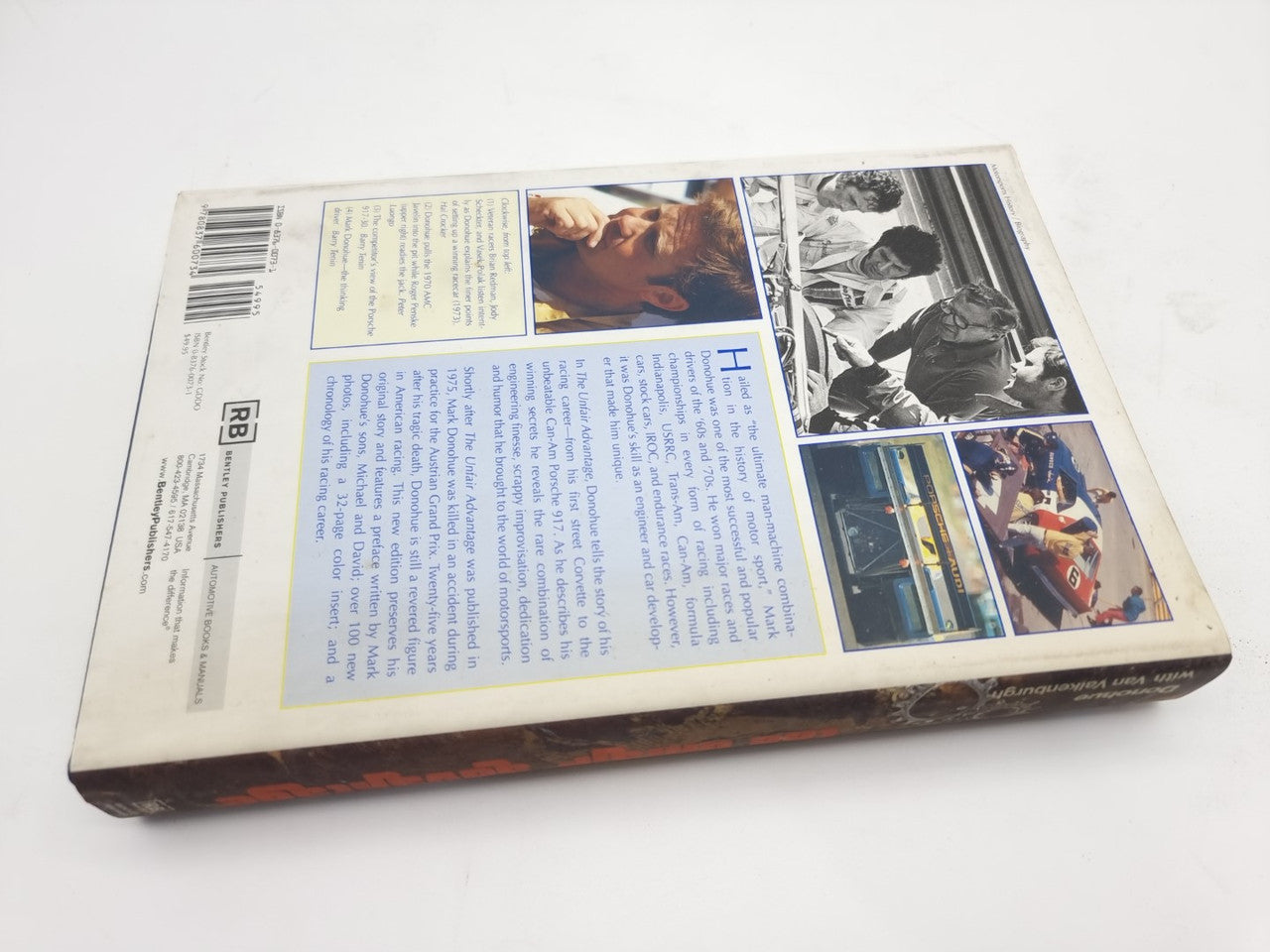 Hardcover book back cover close-up with barcode, photo blocks, and text