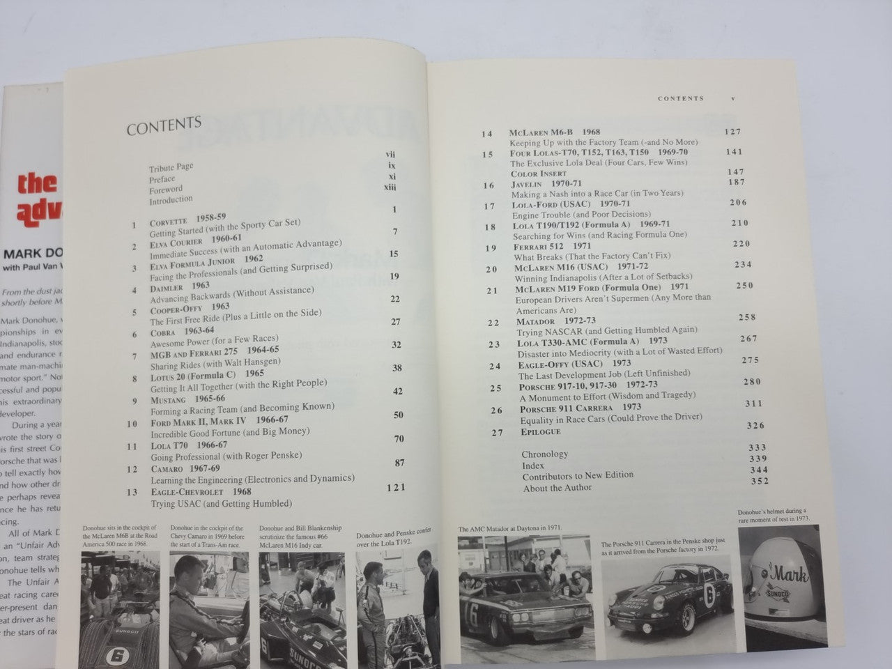 Hardcover book open to contents pages with headings and small car photos
