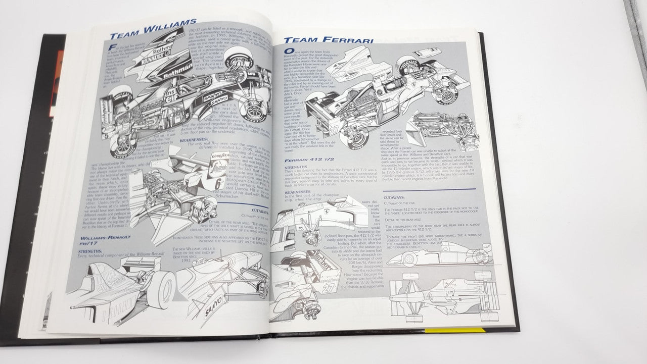 Photographic review book open pages showing car diagrams and labeled parts.