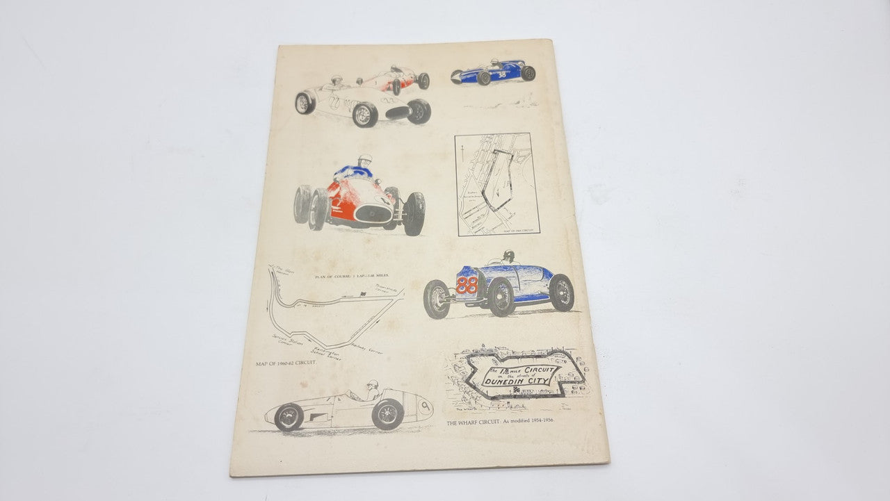 Race-history book back cover with diagram sketches of race cars and routes