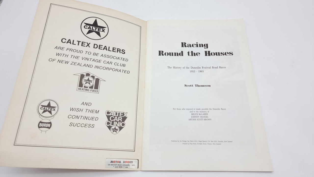 Race-history book title pages with racing-themed lettering and sponsor blocks