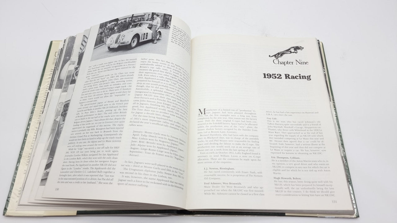 Jaguar sports racing book, open pages showing chapter heading '1952 Racing' and text