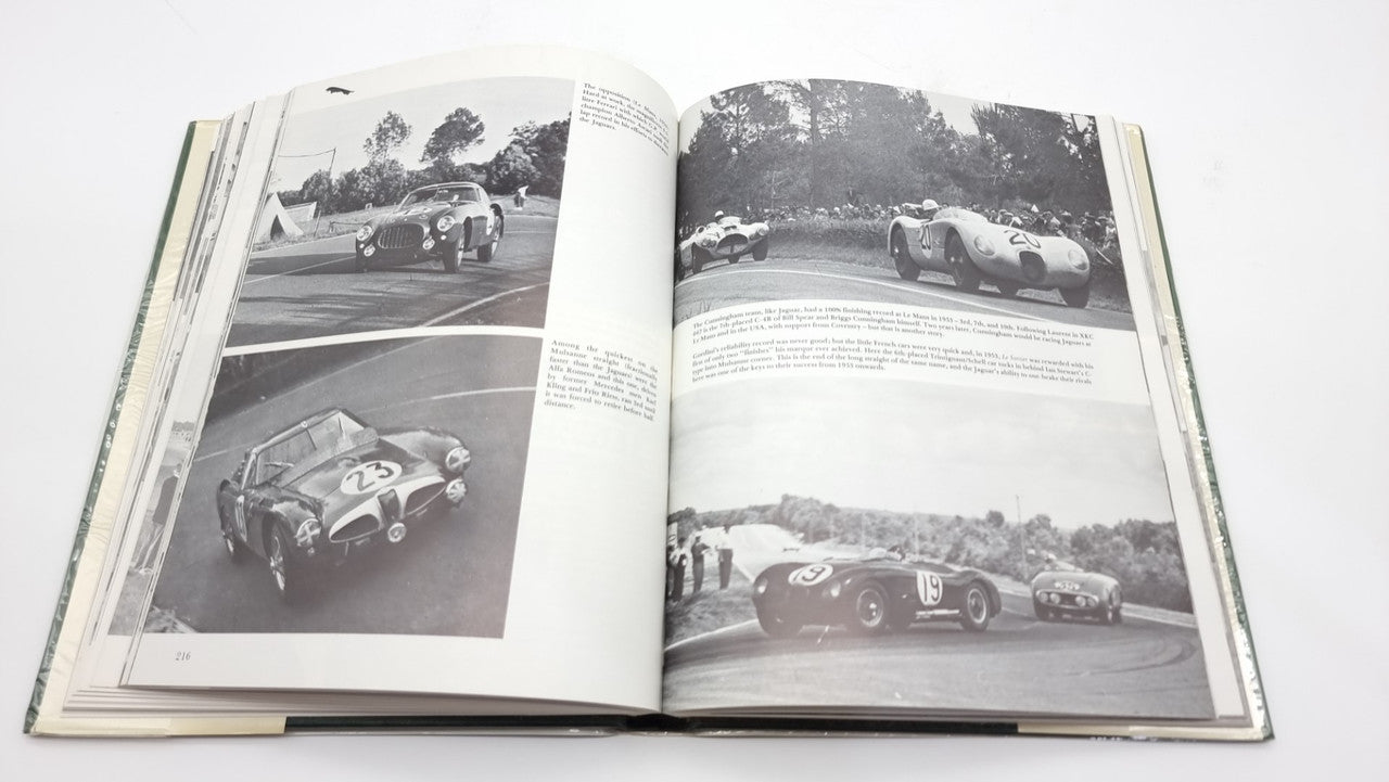 Jaguar sports racing book, open pages with multiple black-and-white car photos
