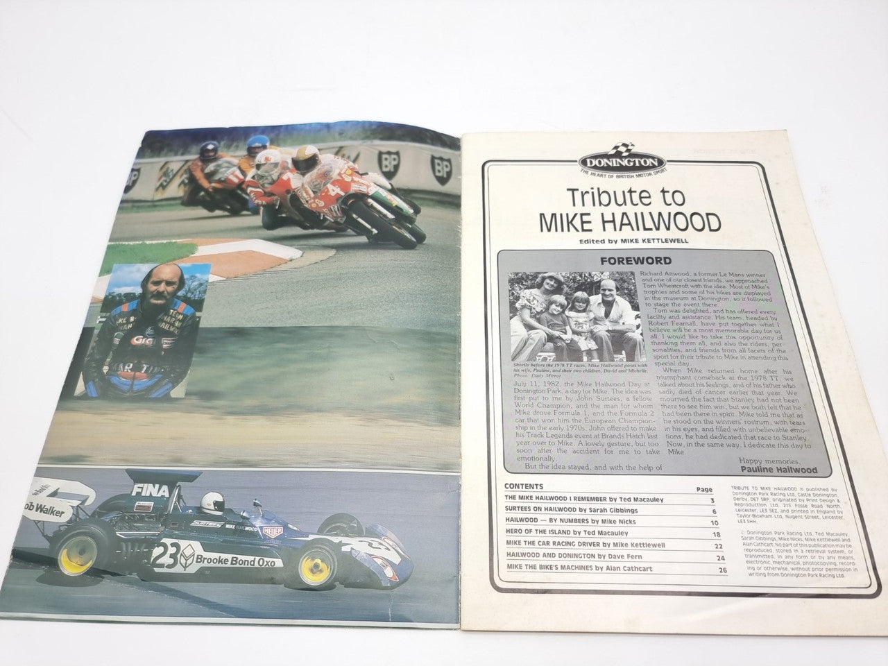 Motor racing tribute programme booklet opened, photo spread and tribute text page