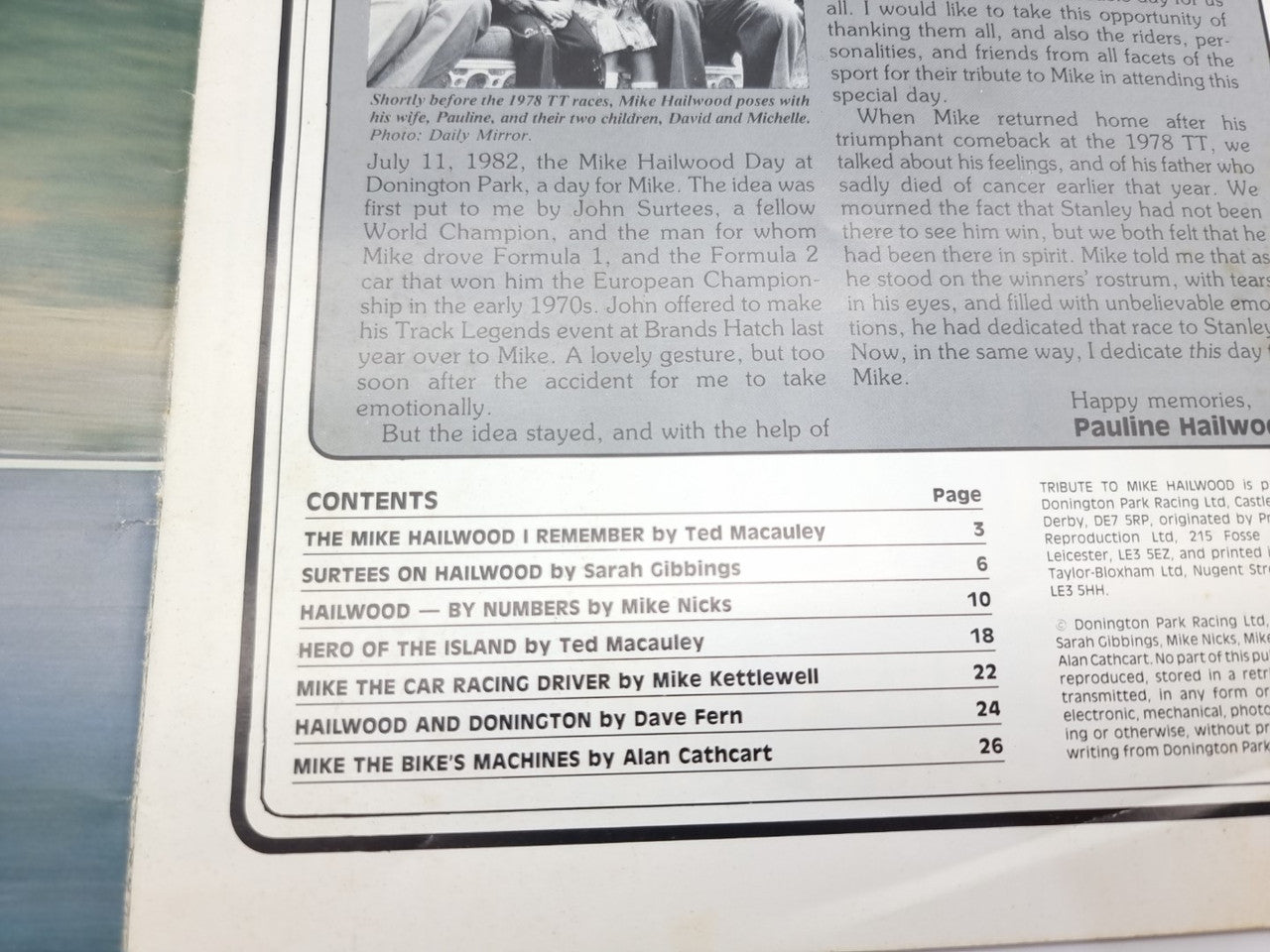 Motor racing programme booklet, contents page with section titles and page numbers