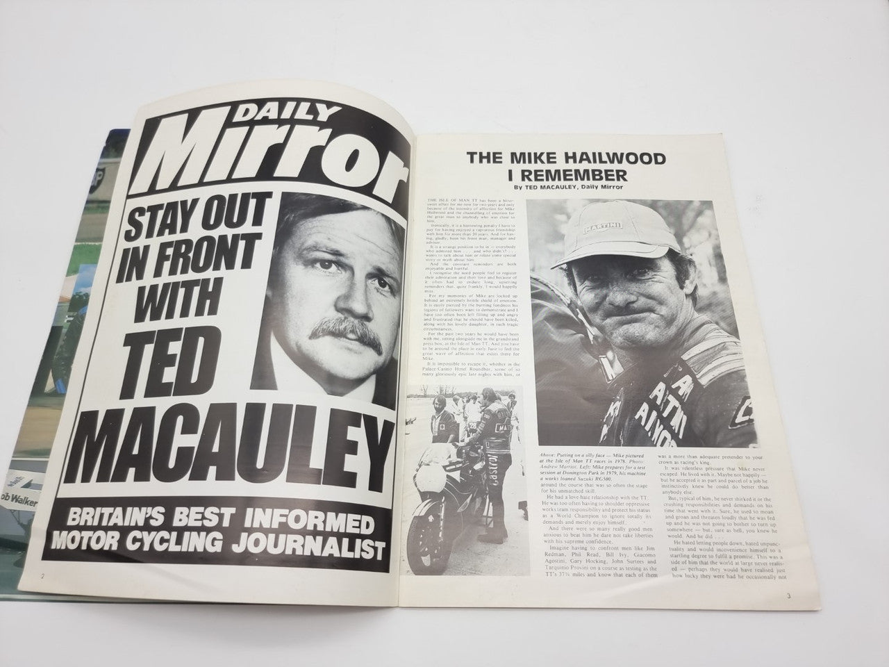 Motor racing programme booklet opened, two feature pages with black-and-white photos