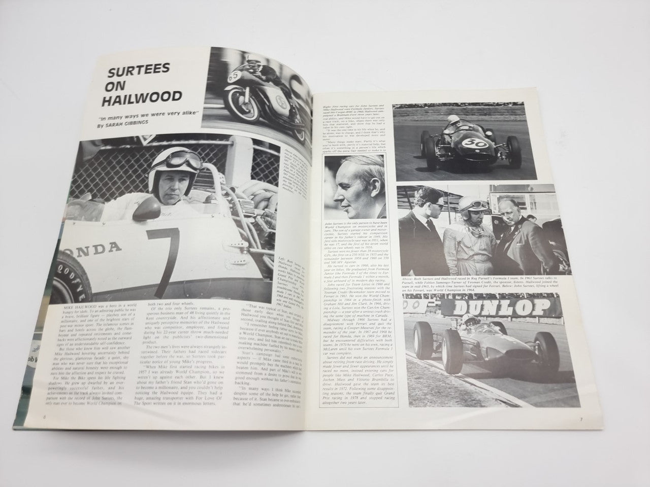 Motor racing programme booklet opened, article pages with racing photos and columns of text