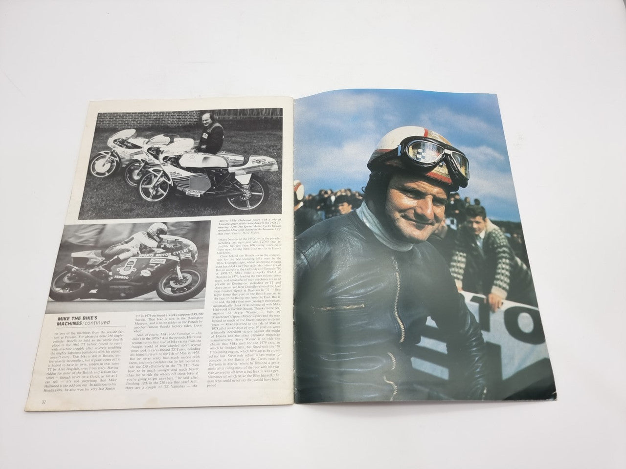Motor racing programme booklet opened, large portrait page and black-and-white photo page