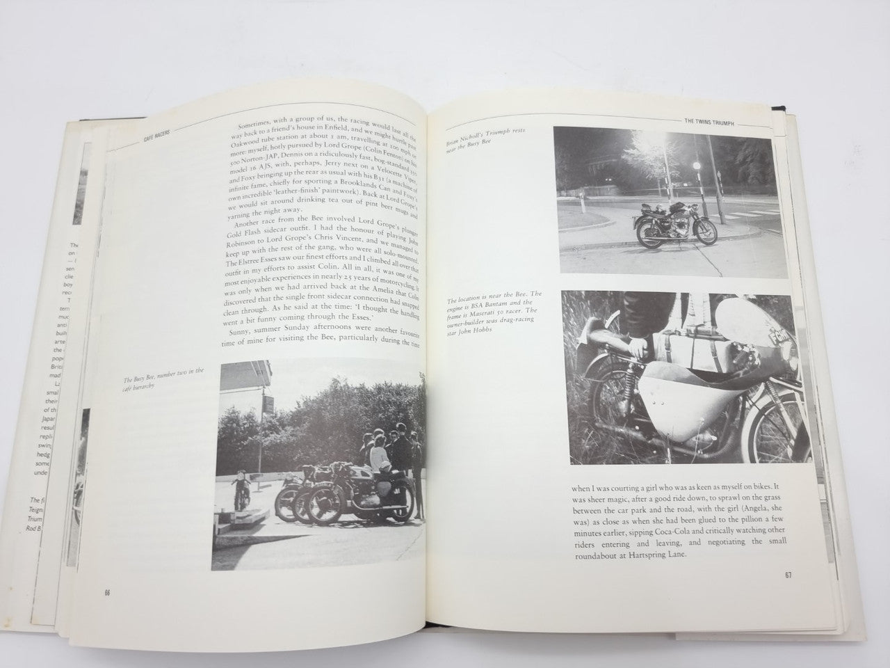 Open paperback book spread with dense text and four motorcycle photos on the right