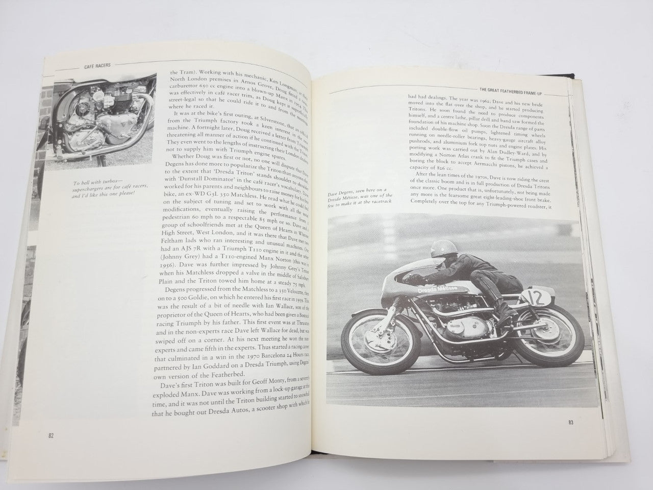 Open paperback book spread with text and a large motorcycle photo on the right page