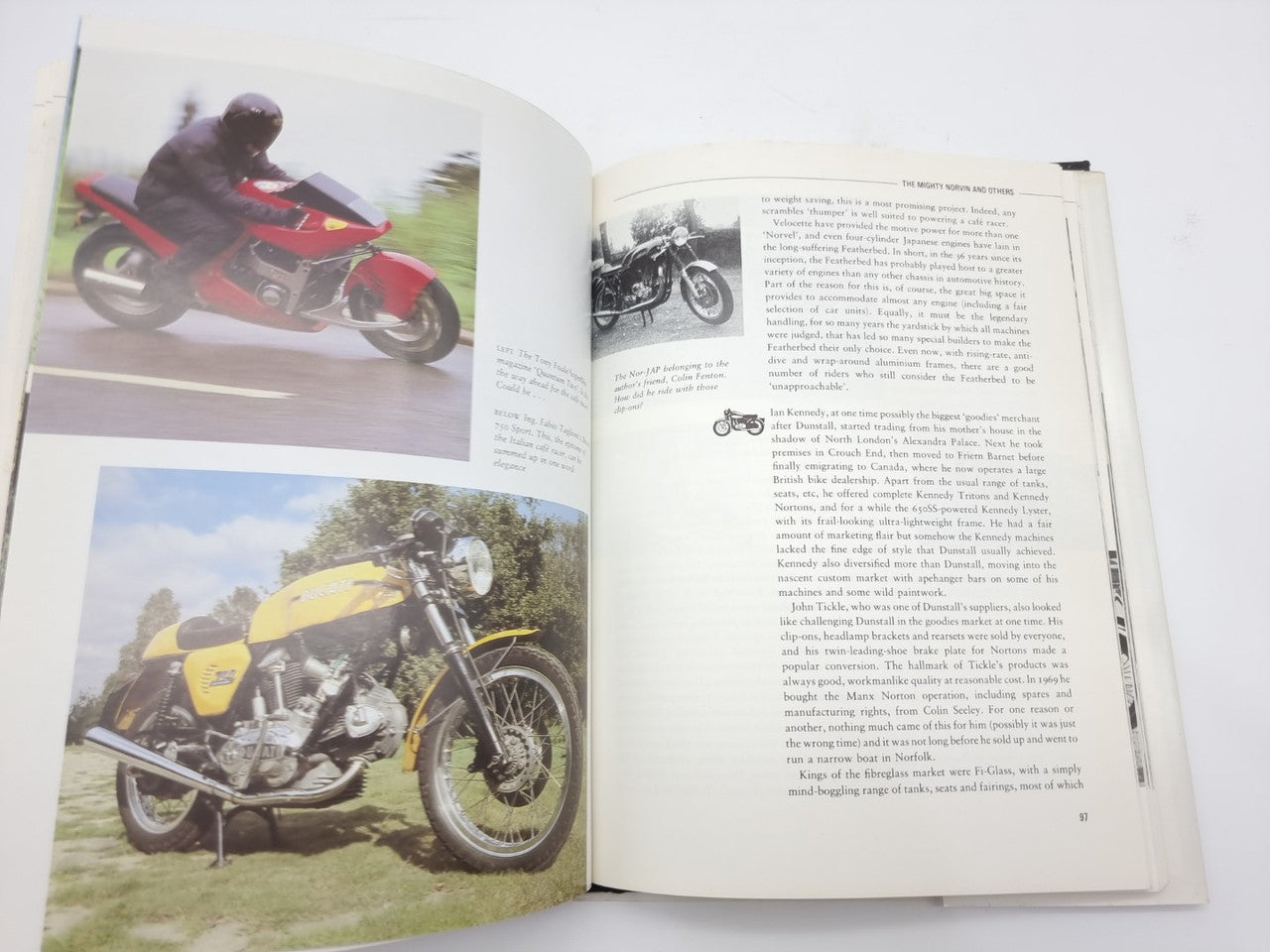 Open paperback book with two color motorcycle photos on the left and text on the right