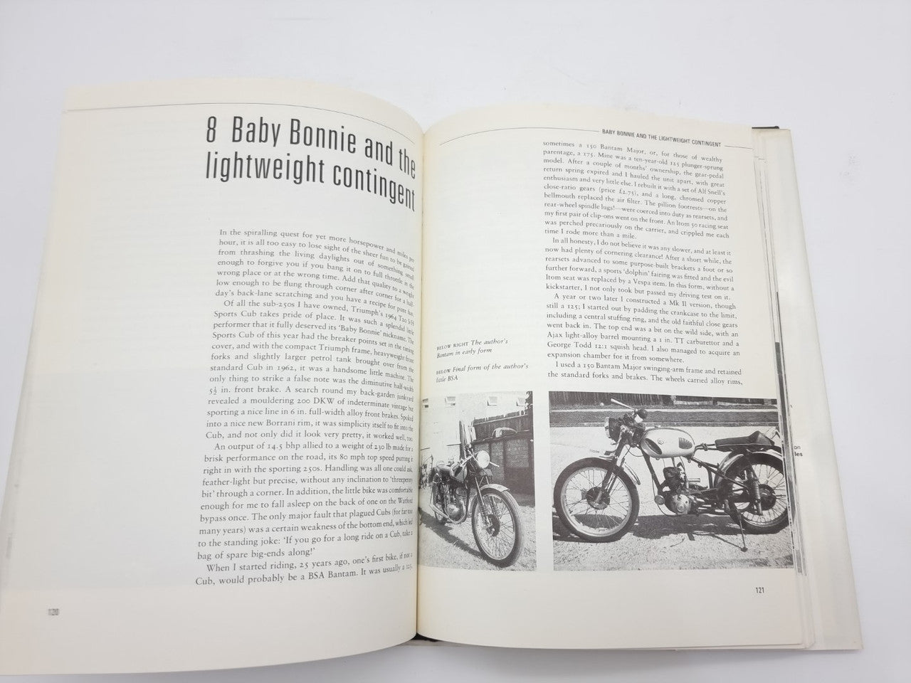 Open paperback book with chapter heading "Baby Bonnie" and motorcycle photo on the right