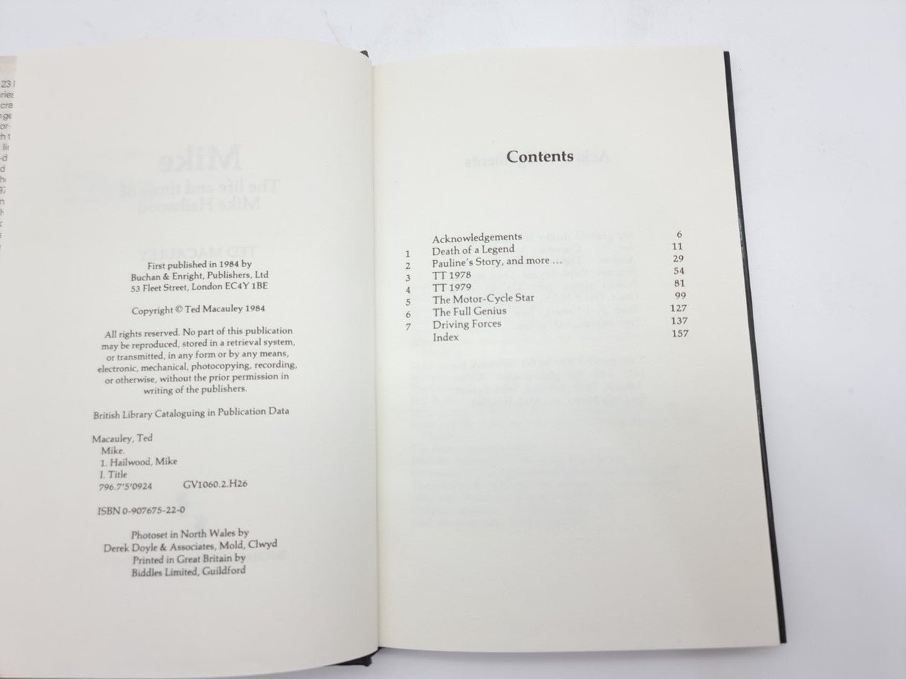 Book open to a contents page with a header and a list of sections.