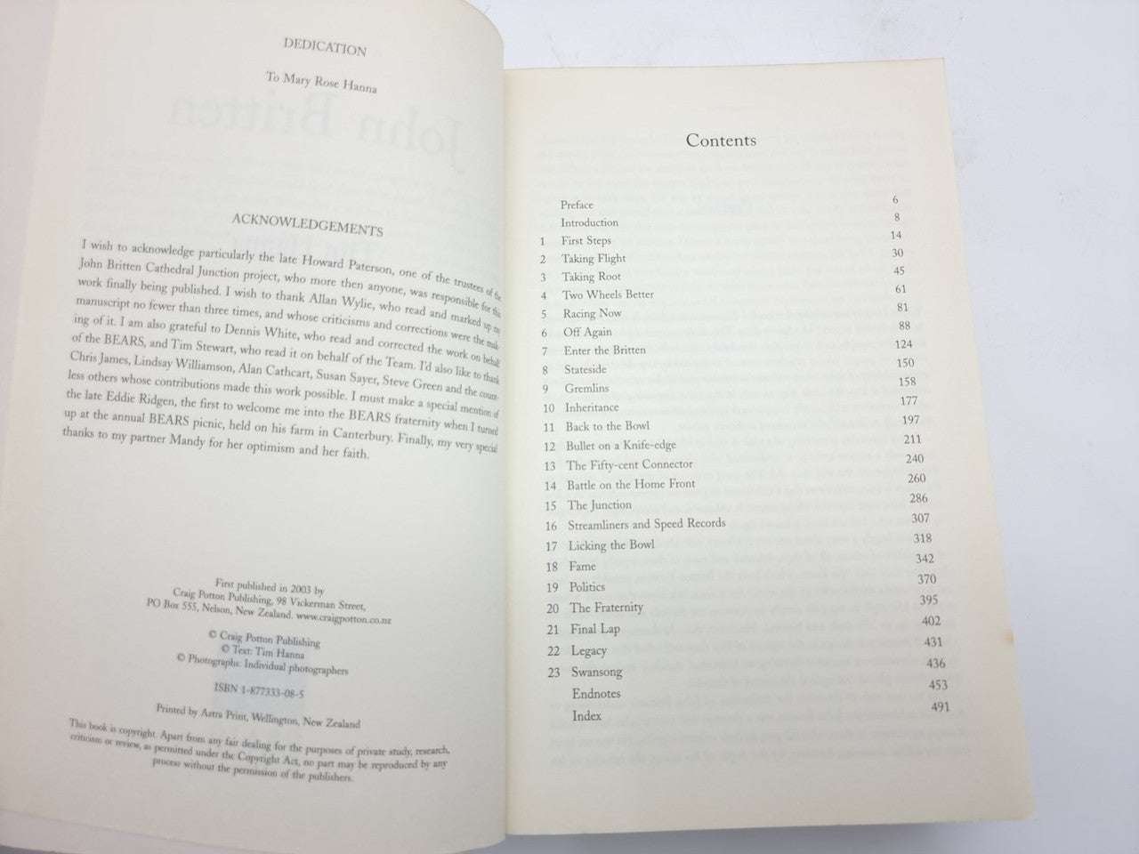Open book spread with contents list on two pages