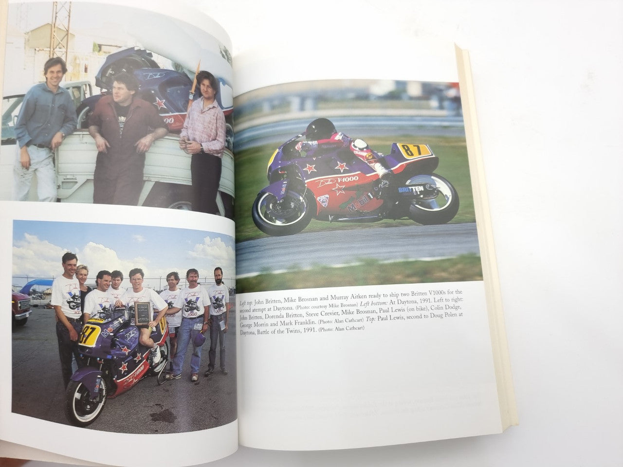 Open book spread with action motorcycle photos and captions