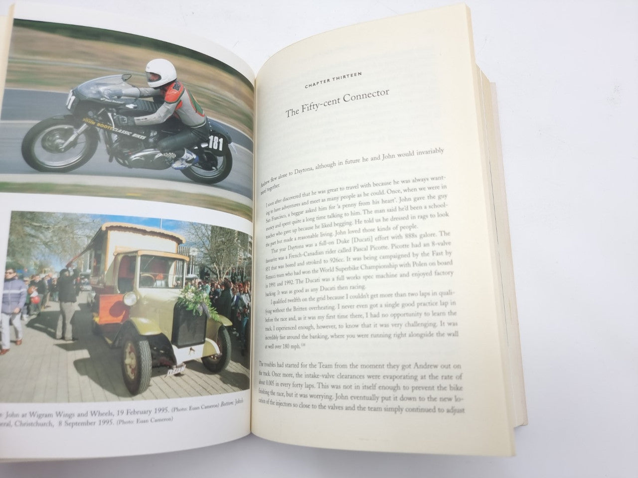 Open book spread with motorcycle photo and written page