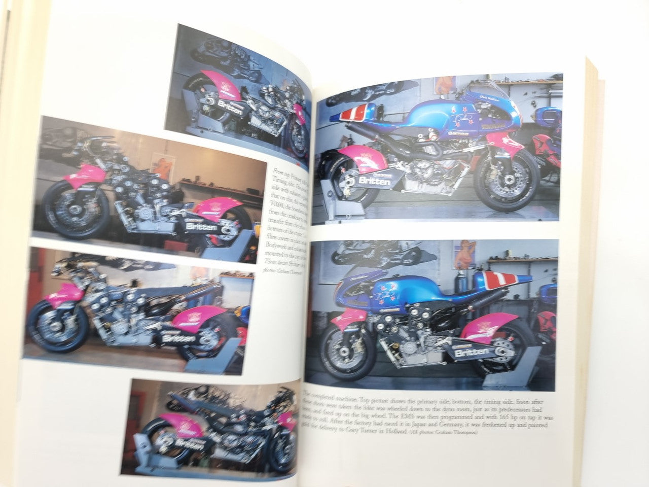 Open book spread with multiple motorcycle photos and caption text