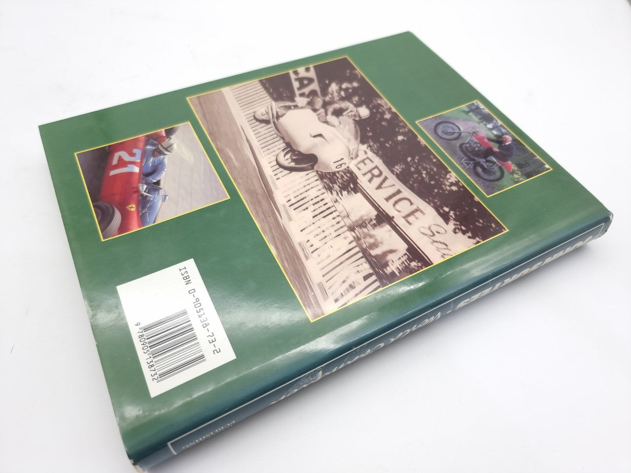 John Surtees World Champion book back cover with green design, photos, and barcode